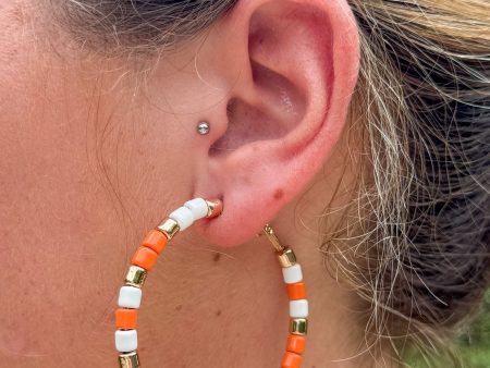 Beaded Hoop Earring - Orange & White Hot on Sale