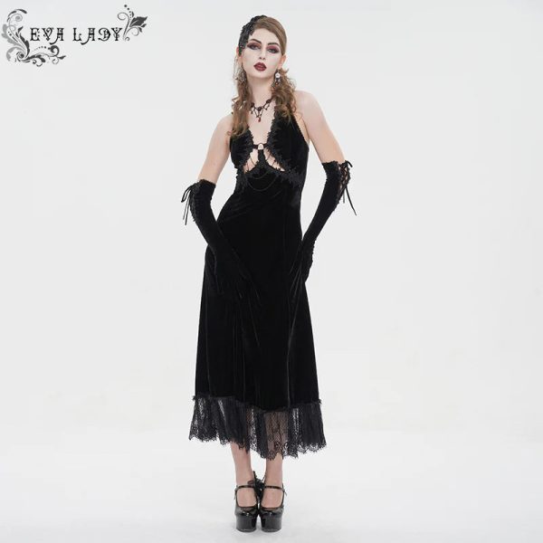 Celeste Black Gothic  Velvet Halter Dress by Eva Lady Discount