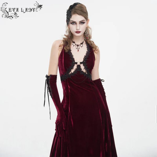 Celeste Red Gothic Velvet Halter Dress by Eva Lady on Sale