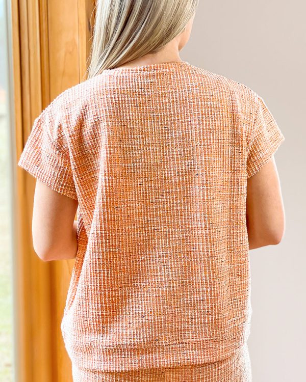 Textured Drop Shoulder Top - Orange Tweed Fashion