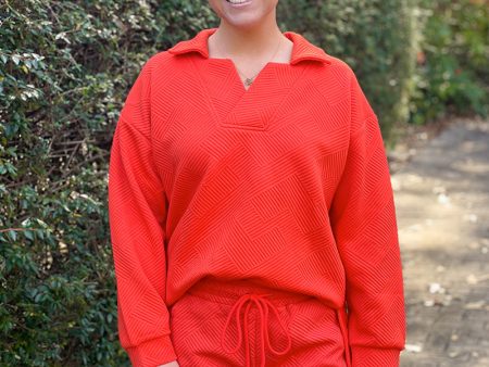 Textured Long Sleeve Collared Sweatshirt - Orange Supply