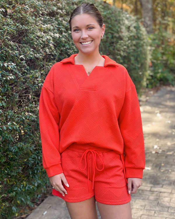 Textured Long Sleeve Collared Sweatshirt - Orange Supply