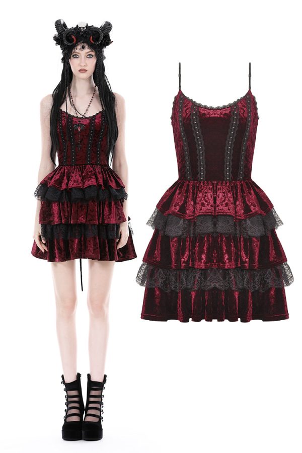 Bathing In Blood Gothic Red Velvet Frilly Dress by Dark In Love Sale