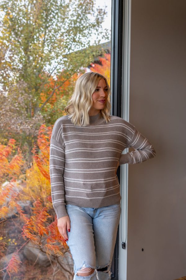 Elisa Ribbed Knit Striped Sweater | Greige on Sale