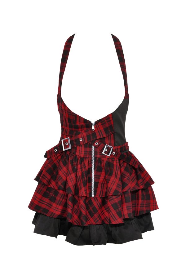 We Are The Freaks Red Plaid Frilly Halter Dress by Dark In Love on Sale