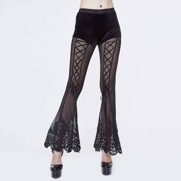 Cursed Lace Up Sheer Flared Pants by Devil Fashion For Sale