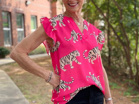 Tiger on the Prowl Blouse - Pink on Sale