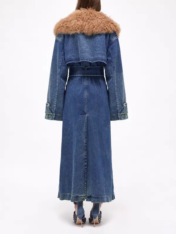 Denim Long Jacket Winter Detachable Collar Coat For Cheap