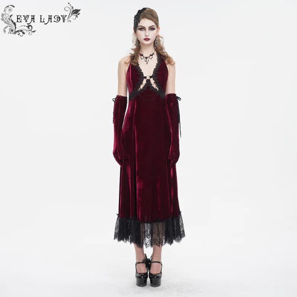 Celeste Red Gothic Velvet Halter Dress by Eva Lady on Sale