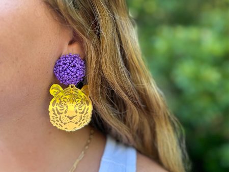 Beaded Tiger Earrings - Purple Discount