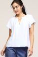 Short-Sleeve Split Neck Blouse with Pleated Neckline & Sleeve Detail Online Sale