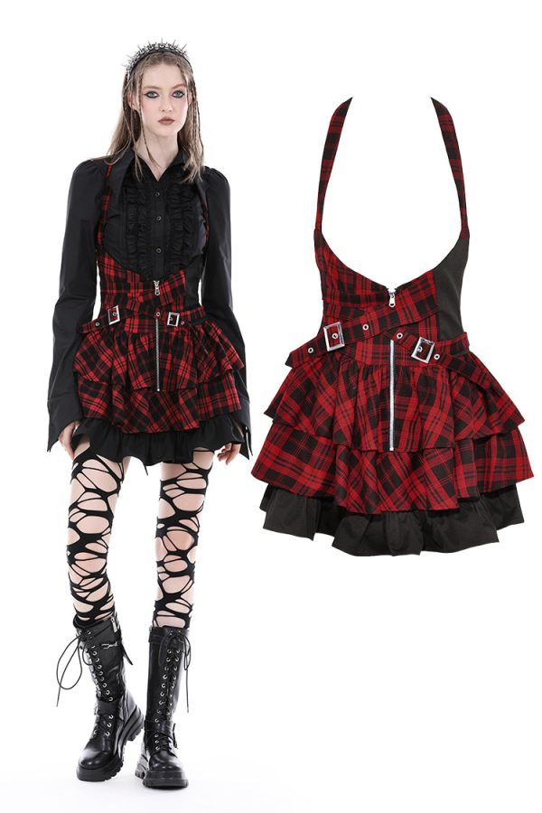 We Are The Freaks Red Plaid Frilly Halter Dress by Dark In Love on Sale