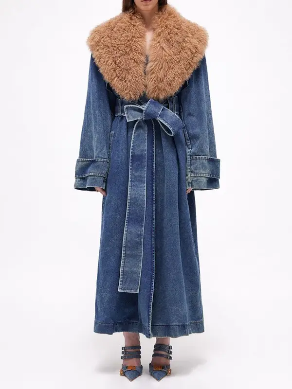 Denim Long Jacket Winter Detachable Collar Coat For Cheap