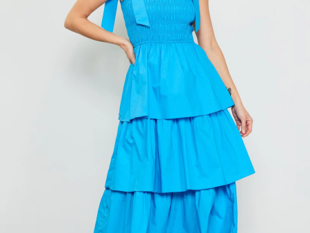 Tie Ribbon Tiered Poplin Midi Dress For Sale