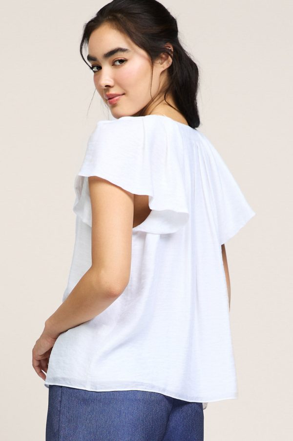 Short-Sleeve Split Neck Blouse with Pleated Neckline & Sleeve Detail Online Sale