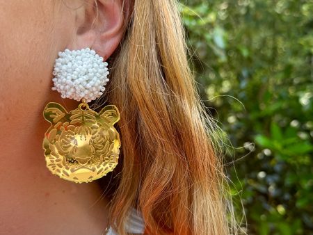 Beaded Tiger Earrings - White Fashion