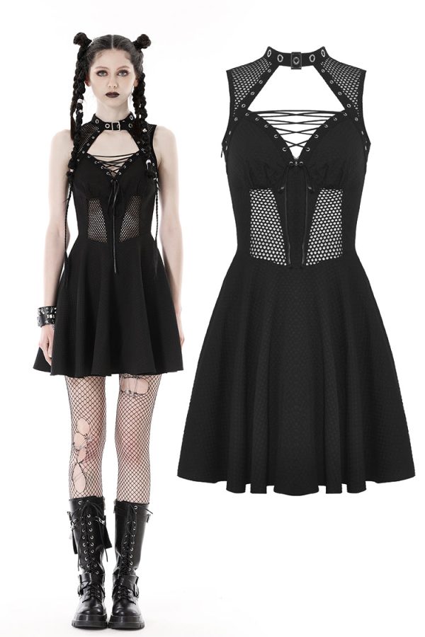 Corvus Lace Up Fishnet Panel Dress by Dark In Love on Sale