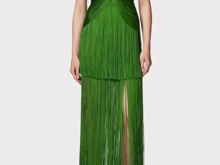 Sultry Green Fringe Halter Maxi Dress Cheap