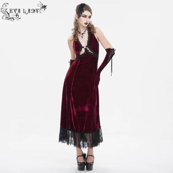 Celeste Red Gothic Velvet Halter Dress by Eva Lady on Sale