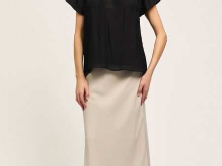 Short-Sleeve Split Neck Blouse with Pleated Neckline & Sleeve Detail For Discount