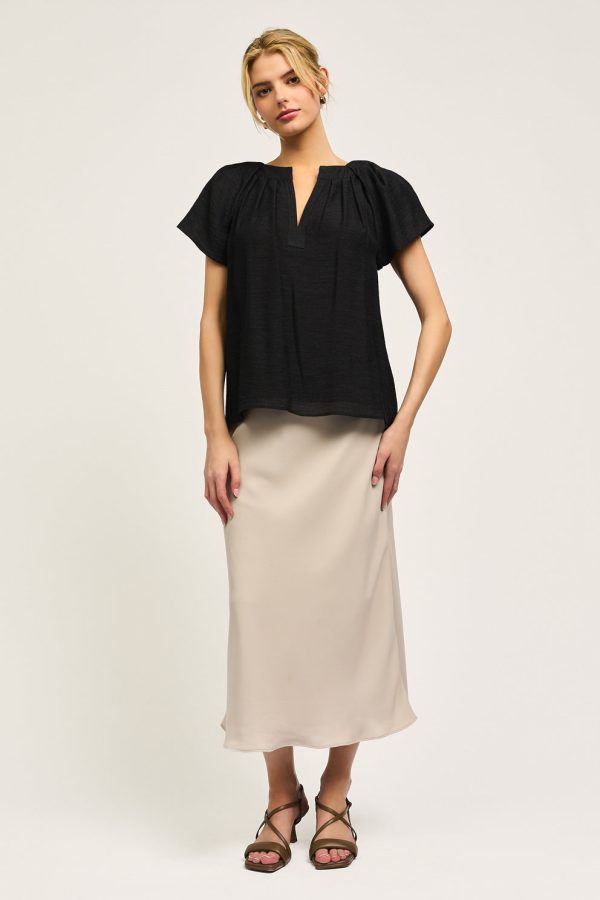 Short-Sleeve Split Neck Blouse with Pleated Neckline & Sleeve Detail For Discount