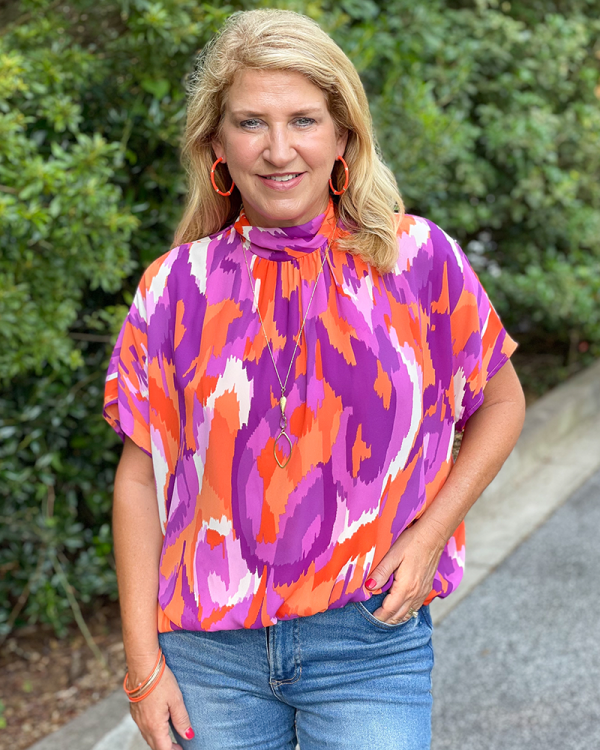 Clemson Spirit High Tie Neck Bubble Hem Top on Sale